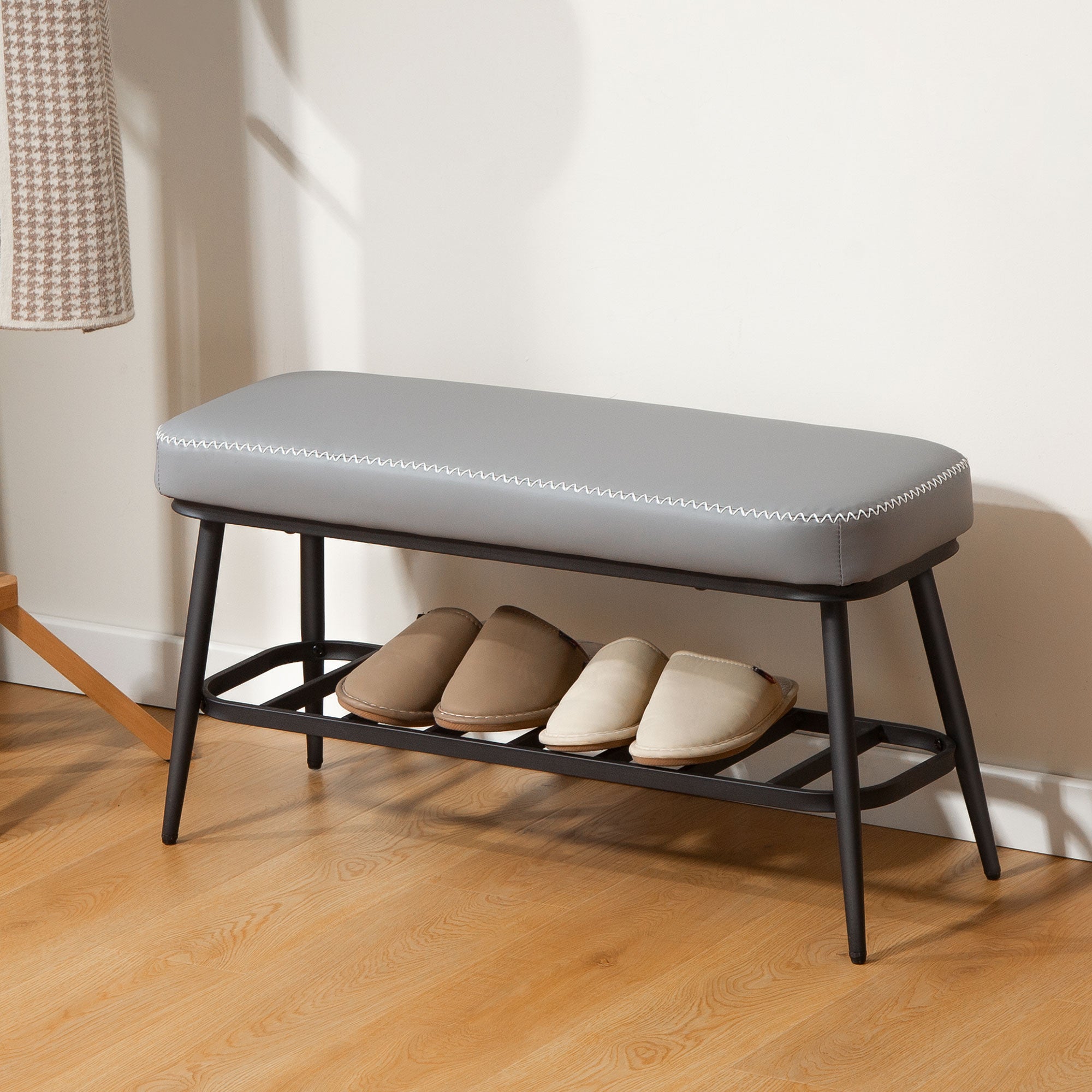 Fynco - PU Leather Shoe Storage Bench - Grey