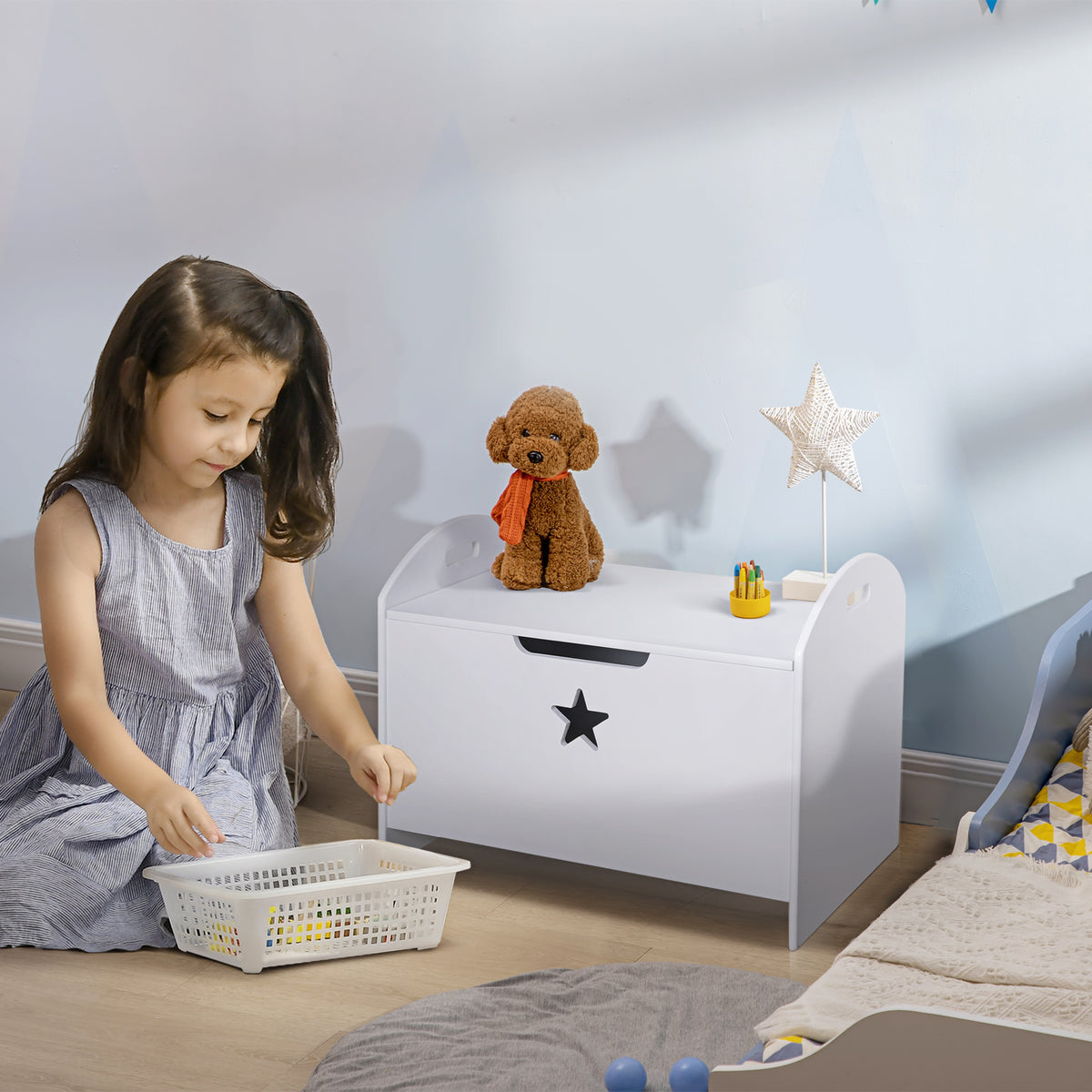 Kids Wooden Toy Box Organizer Children's Toy Storage with Lid Safety Hinge Side Handle Playroom Furniture White