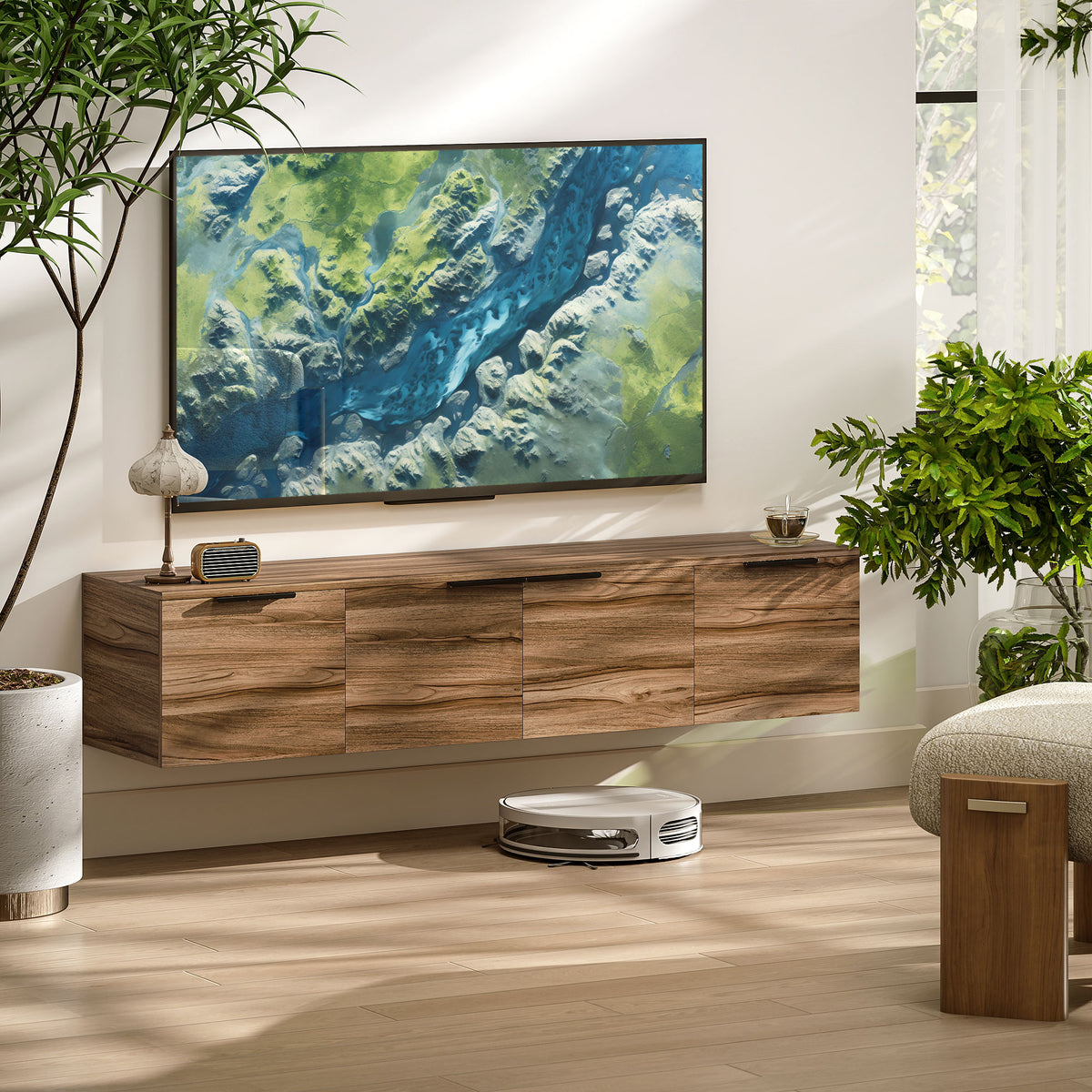 Floating TV Unit, 150 cm Wall Mounted TV Stand Cabinet with Shelves and Doors, Entertainment Media Console for Living Room, Bedroom, Rustic Brown