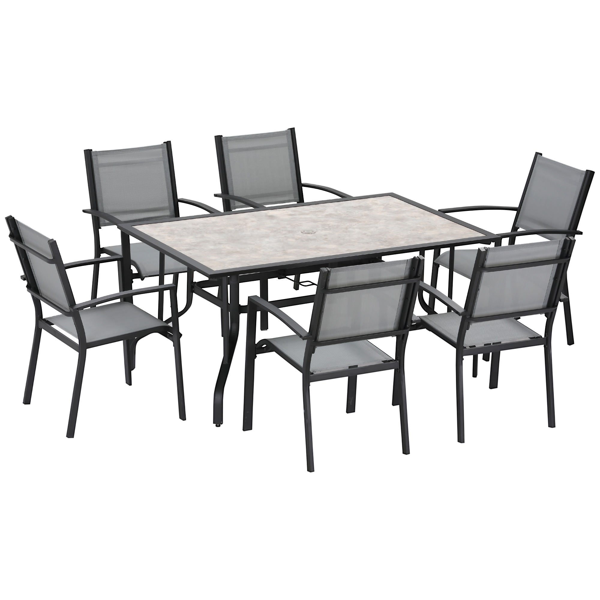 7 Pieces Garden Dining Set, 6 Seater Garden Table and Chairs with Parasol Hole, Outdoor Furniture Armchairs and Stone-like Plastic Top Table with Breathable Mesh Fabric Seat, Grey