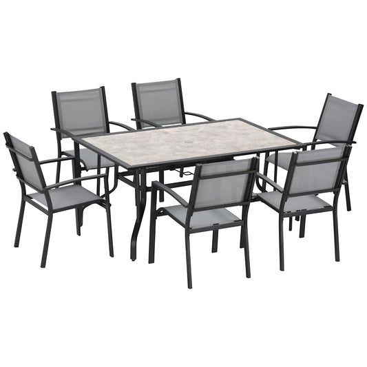 7 Pieces Garden Dining Set, 6 Seater Garden Table and Chairs with Parasol Hole, Outdoor Furniture Armchairs and Stone-like Plastic Top Table with Breathable Mesh Fabric Seat, Grey