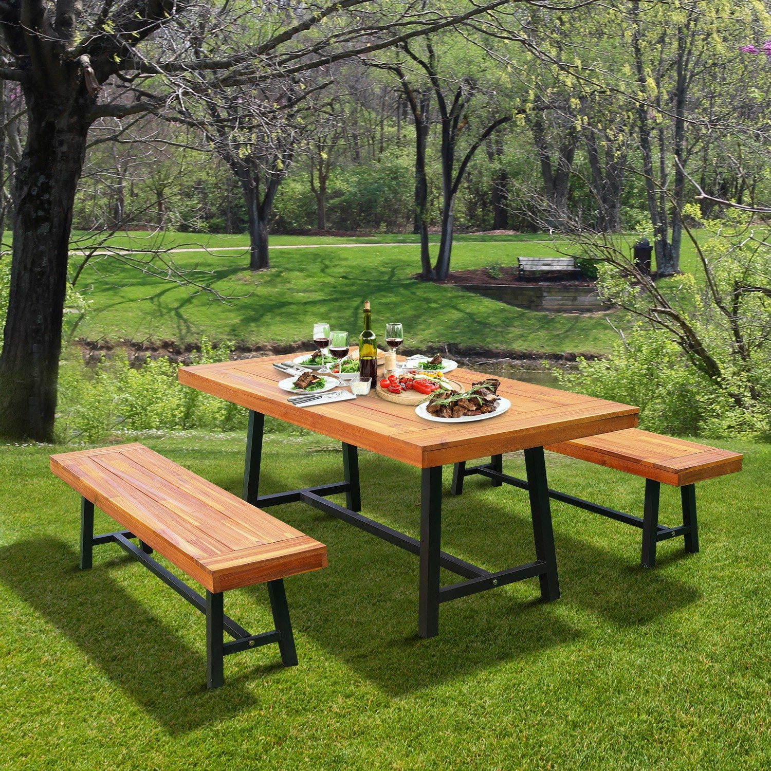 Garden 3 Pieces Acacia Wood Picnic Table and 2 Benches Set Dining Trestle Beer Table Patio Outdoor Indoor Furniture
