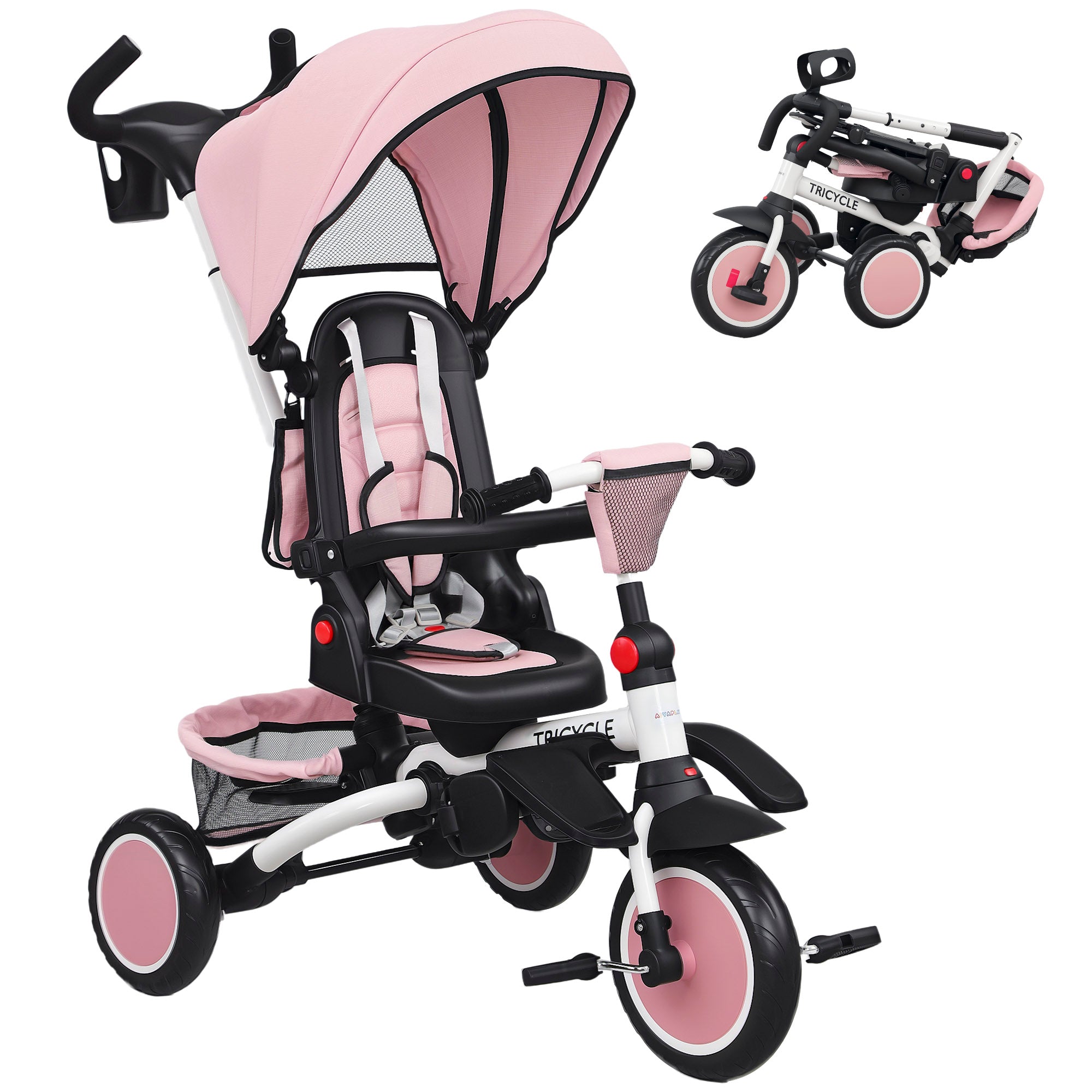 AIYAPLAY 6 in 1 Foldable Kids Trike with Adjustable Parent Handle & Canopy for Ages 1-5, Pink