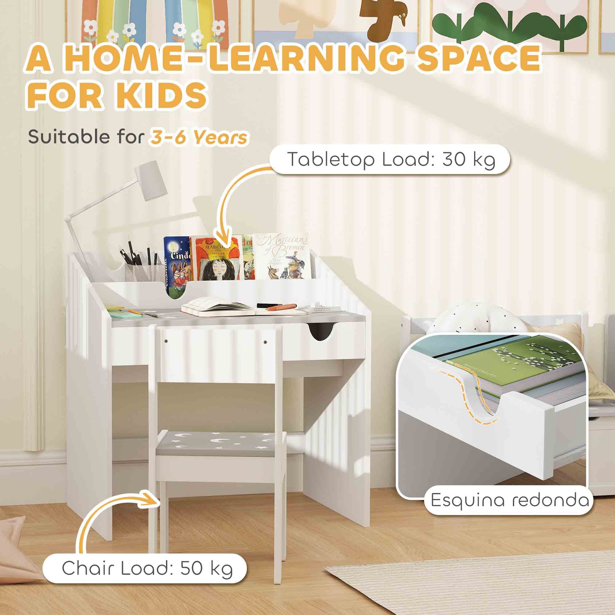 AIYAPLAY Children Study Table and Chair, Kids Desk and Chair Set with Storage, Pull-Out Drawer, for Ages 3-6 Years, Grey