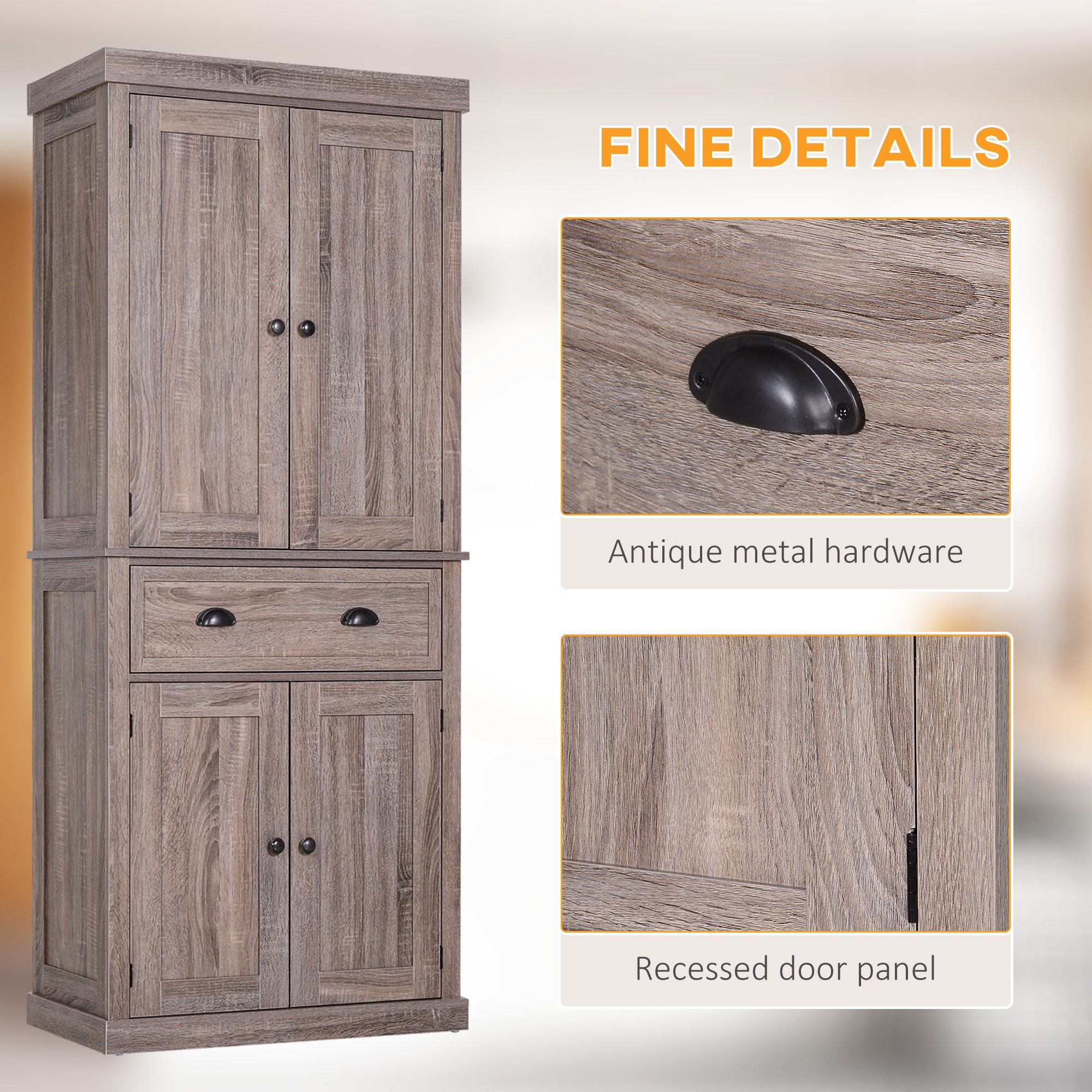 Freestanding Kitchen Cupboard, 184cm Tall Storage Cabinet with Doors and Shelves, Traditional Colonial 4-Door Kitchen Pantry Cupboard with Drawer, Dark Wood Grain