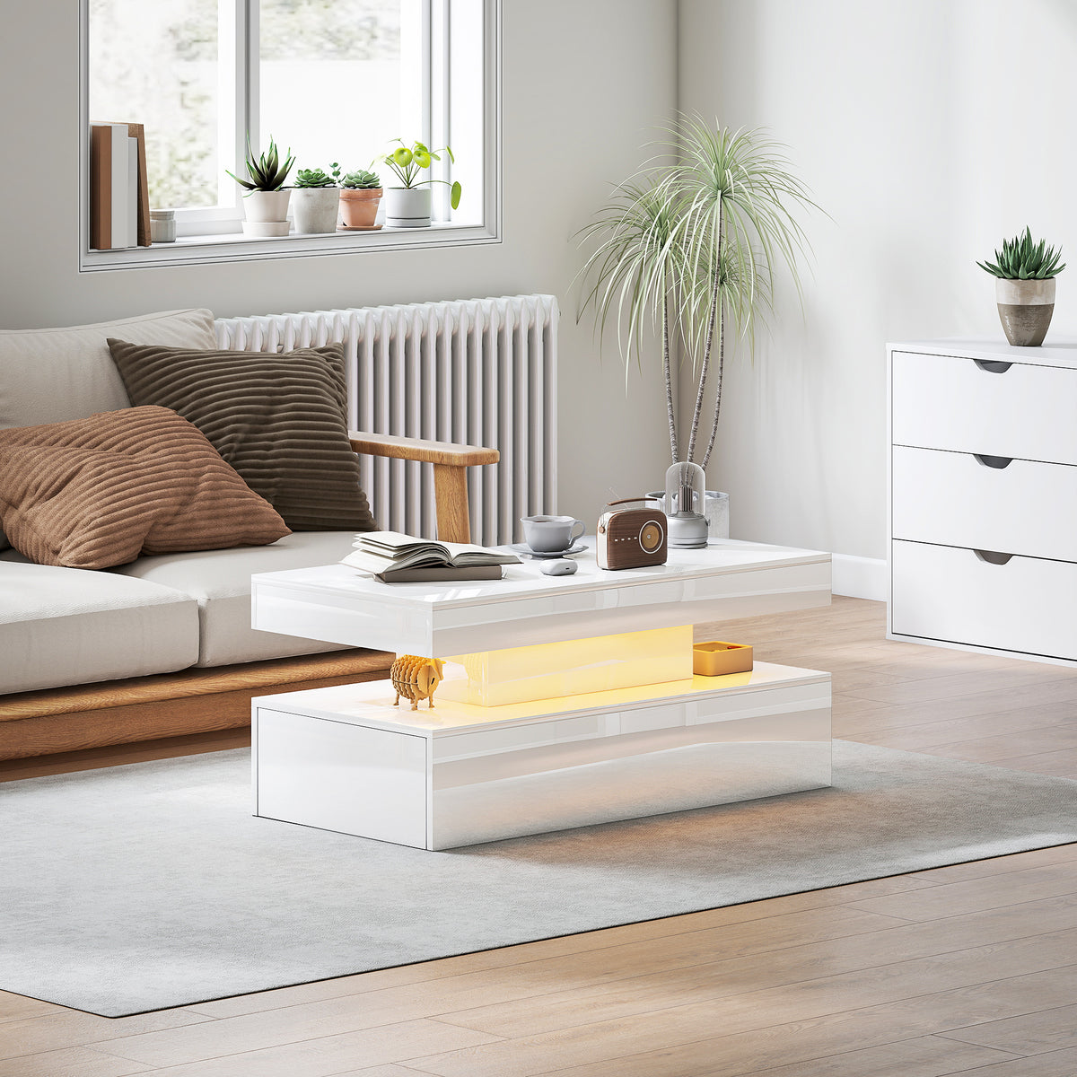 LED Coffee Table with Storage - High Gloss White