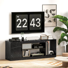 TV Stand Cabinet, Marble Effect TV Unit for up to 55" TVs with Glass Shelf and Storage Cabinet, Entertainment Unit for Living Room, Bedroom, Black