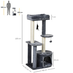 100cm Cat Tree for Indoor Cats, Cat Tower Condo for Kittens with Cat House Sisal Scratching Posts, Hanging Ball Toys, Perches - Grey