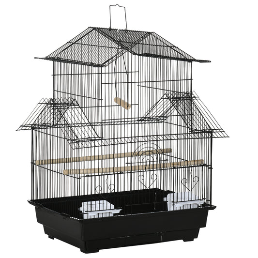 Metal Bird Cage with Plastic Swing Perch Food Container Tray Handle for Finch Canary Budgie 43.5 x 33 x 63 cm, Black