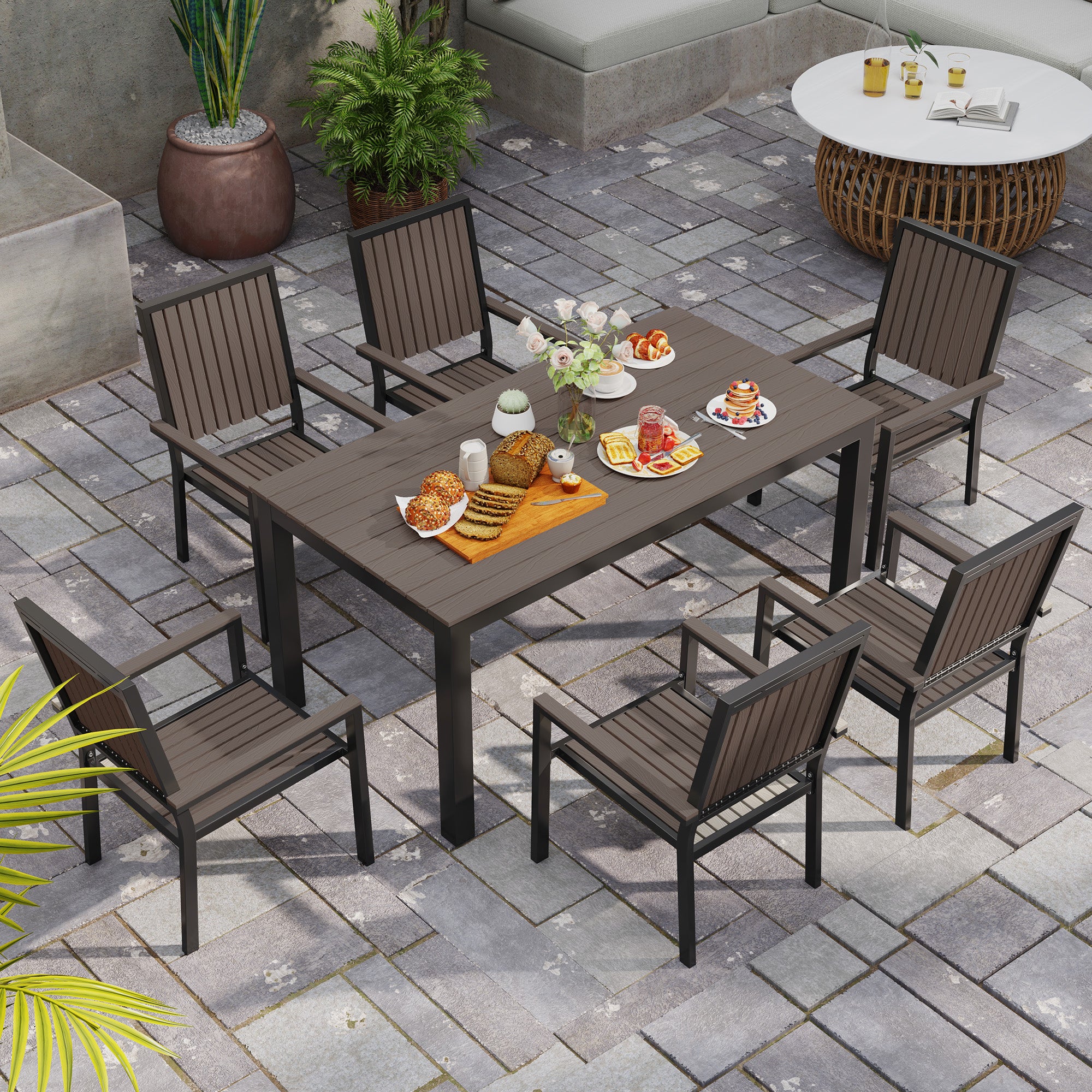 6 Seater Garden Dining Set with Stackable Chairs, Aluminium Frame, Rectangular Plastic Top, Garden Furniture Set, Outdoor Dining Table and Chairs for Patio, Balcony, Poolside, Brown