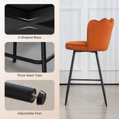 Fynco - Set of Two Velvet-Feel Lotus Bar Stools - Orange