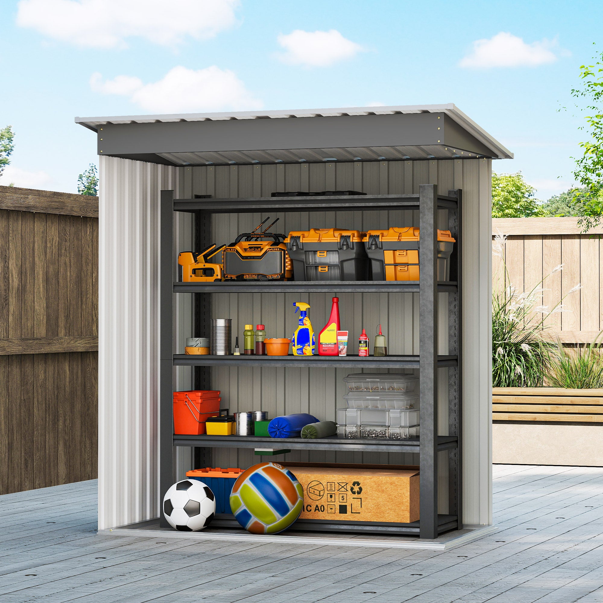 Fynco - 5x3 Storage Shed with Sliding Door and Sloped Roof for Garden, Light Grey