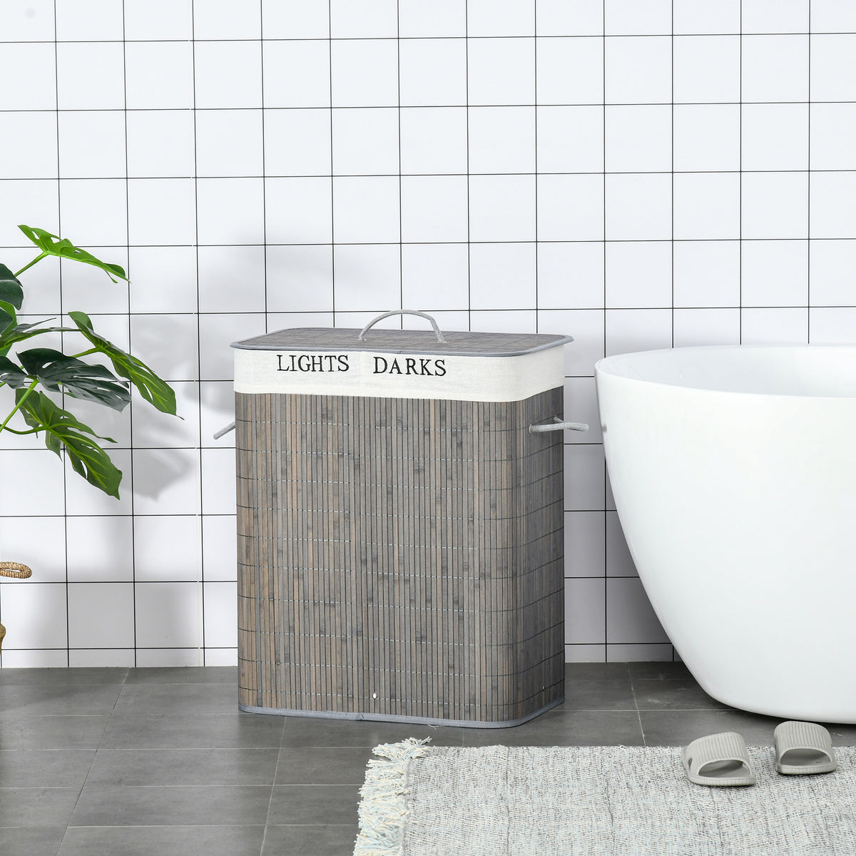 100L Laundry Basket with Lid String Handles, 2 Section Collapsible Hamper Removable Lining Foldable Water-Resistant Dirty Clothes Storage, Grey