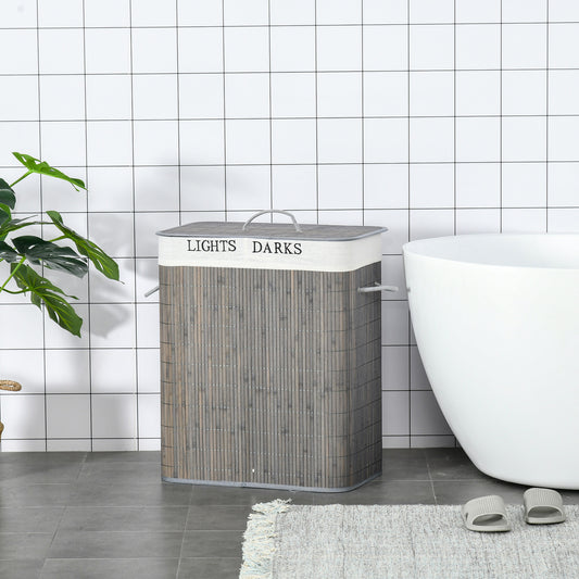 100L Laundry Basket with Lid String Handles, 2 Section Collapsible Hamper Removable Lining Foldable Water-Resistant Dirty Clothes Storage, Grey