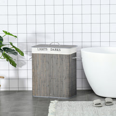 100L Laundry Basket with Lid String Handles, 2 Section Collapsible Hamper Removable Lining Foldable Water-Resistant Dirty Clothes Storage, Grey