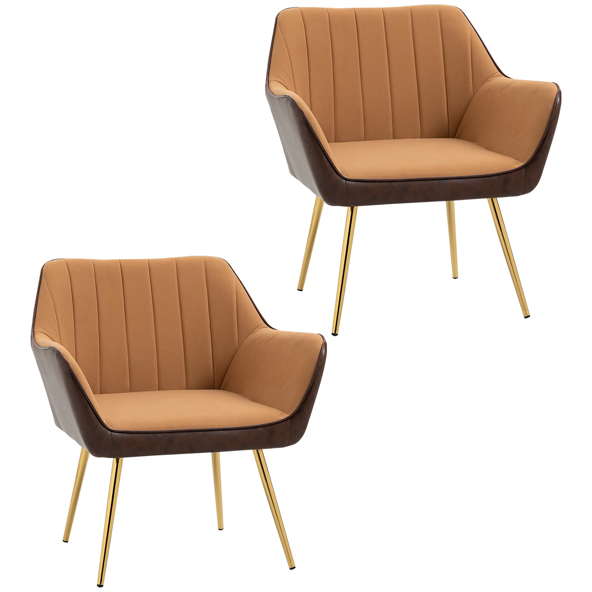 Velvet Armchairs, Upholstered Accent Chairs with Golden Steel Legs, Modern Vanity Chairs for Living Room and Bedroom, Set of 2, Light Brown