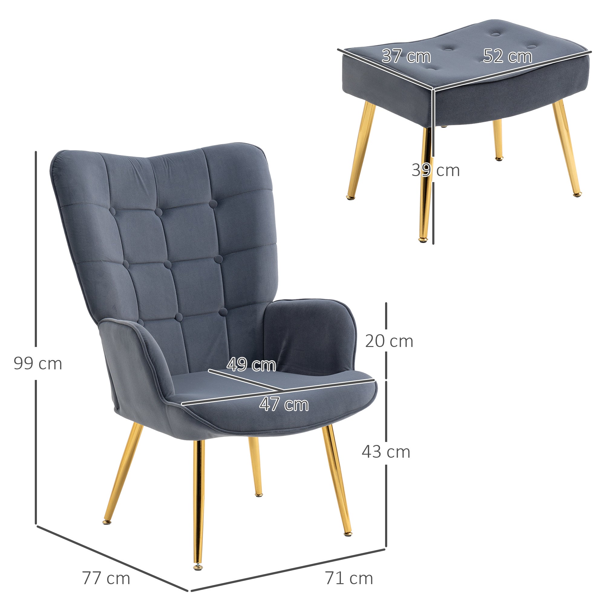 Modern Armchair with Footstool, Upholstered Accent Chair with Ottoman, Steel Legs, Velvet Wingback Chair for Living Room, Bedroom, Home Study, Dark Grey