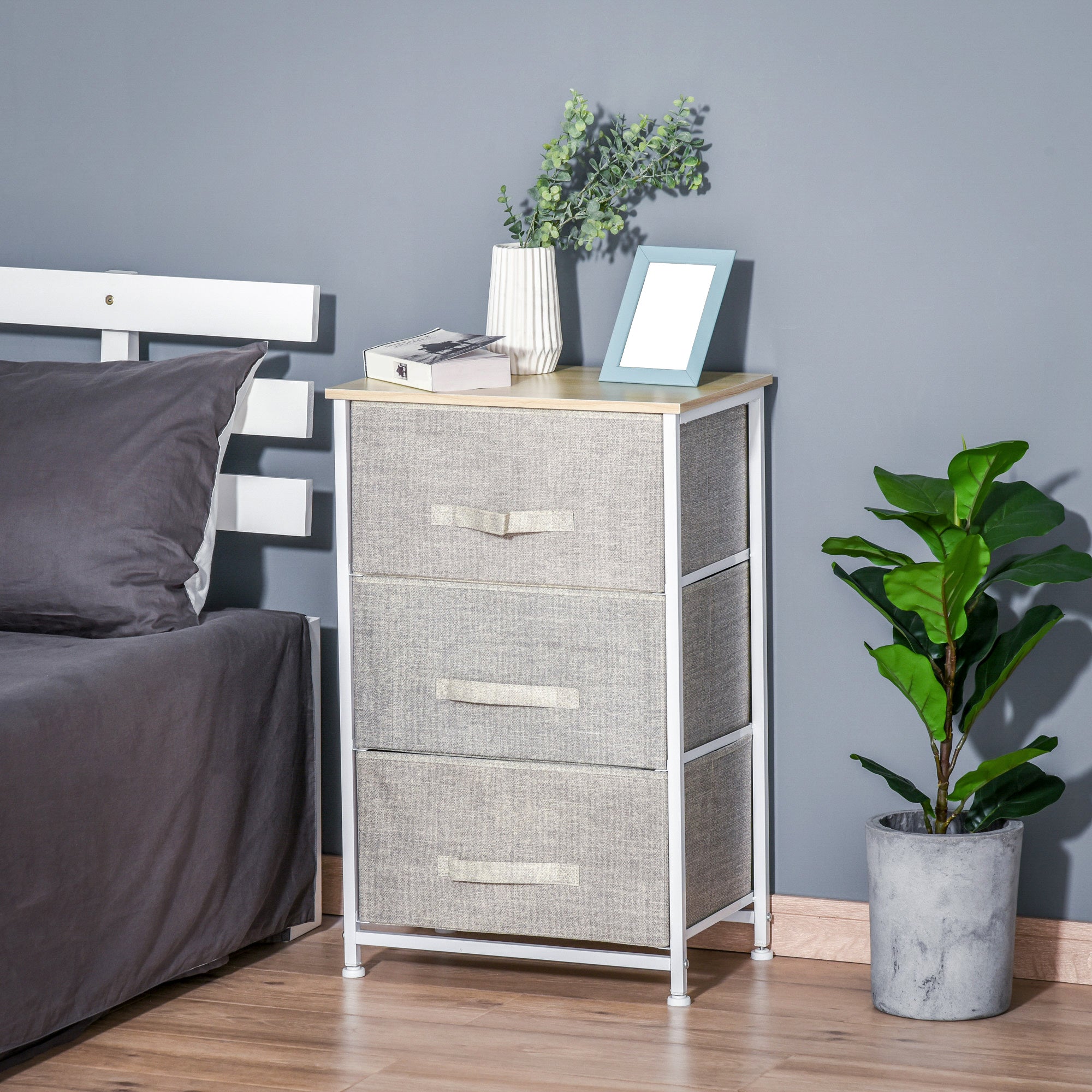 Vertical 3-Tier Linen Drawer Cabinet Organizer Storage Dresser Tower with Metal Frame Adjustable Feet for Living Room, Bathroom, Kitchen, White, Oak and Light Grey