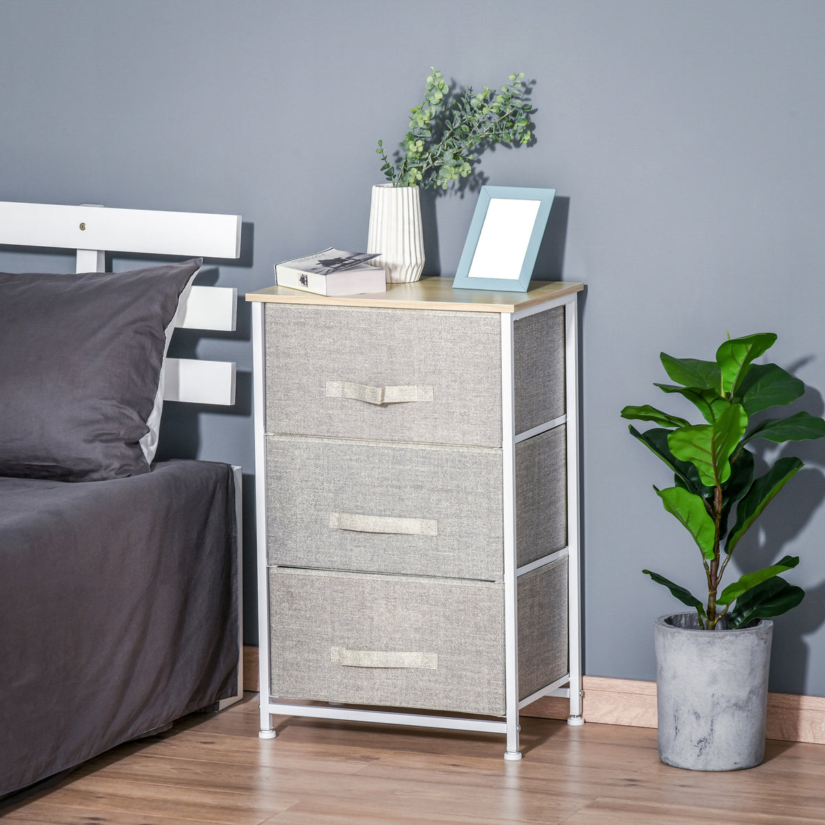 Vertical 3-Tier Linen Drawer Cabinet Organizer Storage Dresser Tower with Metal Frame Adjustable Feet for Living Room, Bathroom, Kitchen, White, Oak and Light Grey