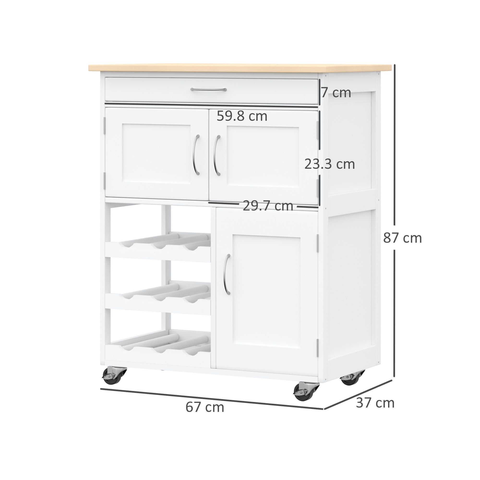 Modern Kitchen Trolley, Rolling Island Storage Cart with Drawer, 9-bottle Wine Rack, Door Cabinets, Wooden Countertop, White