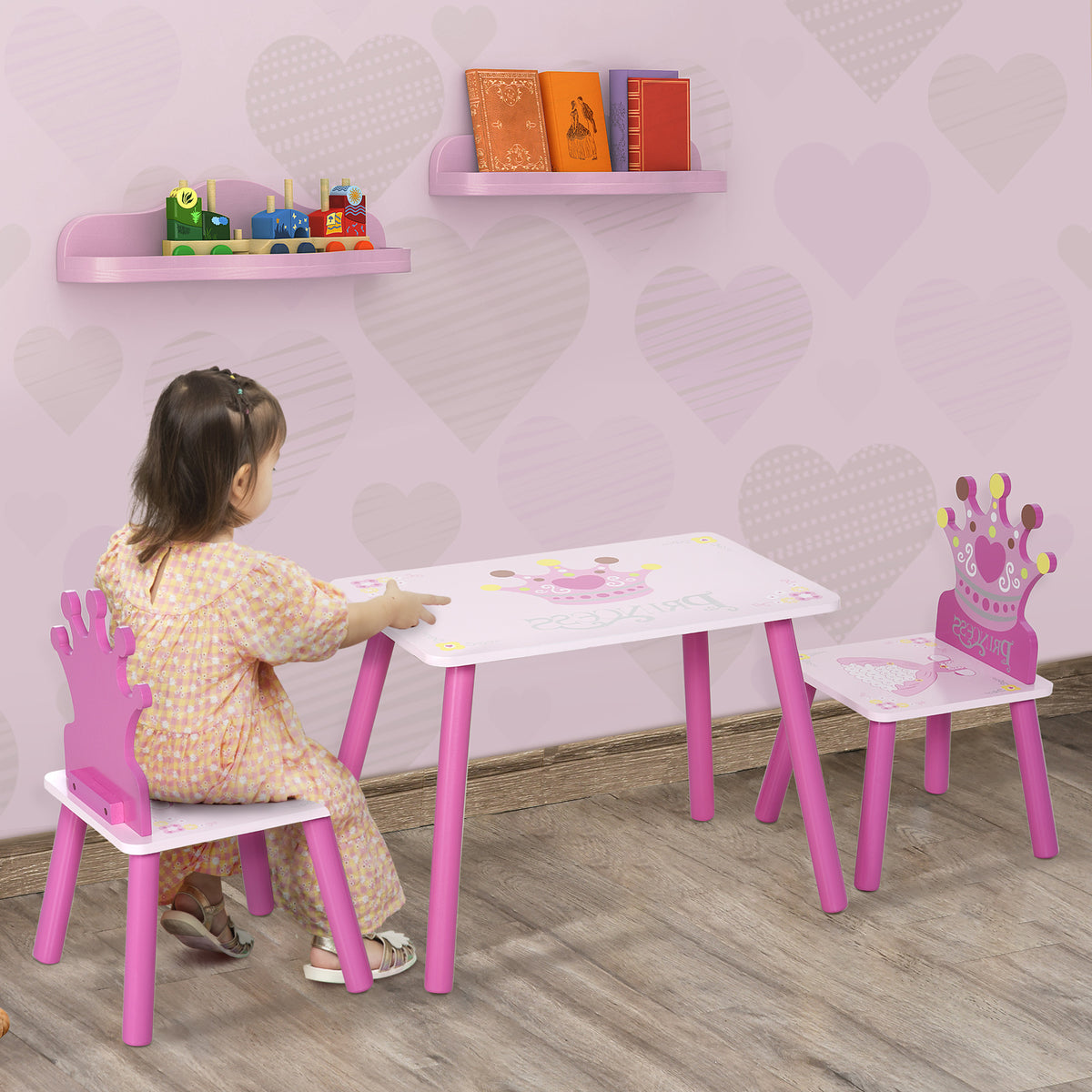 3 Pcs Kids and Table Chair Set Princess & Crown Theme Home Furniture Pretty Gift 2-4 Years Pink
