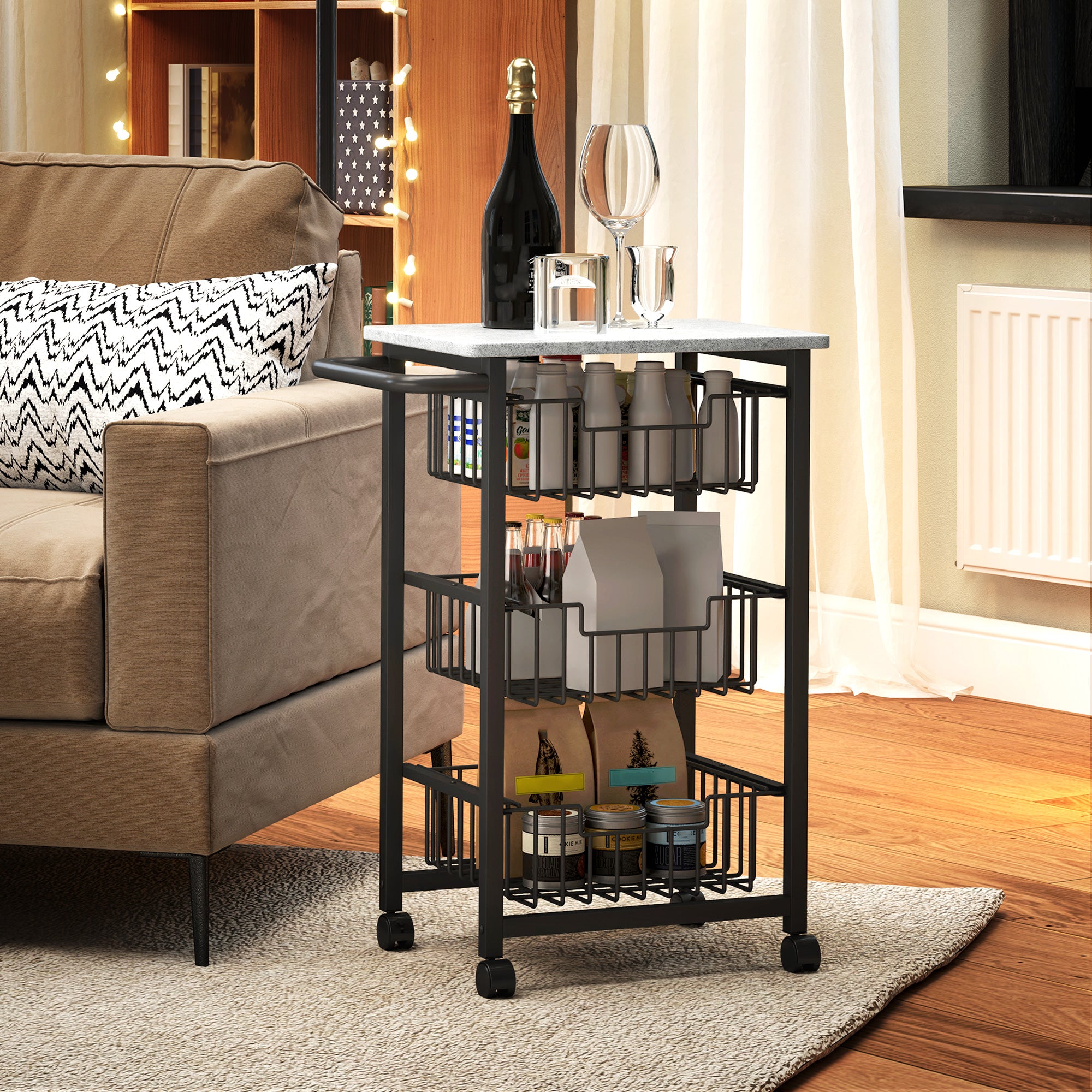 Three Basket Mobile Kitchen Island, with Brakes - Grey/Black