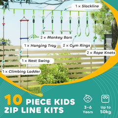 AIYAPLAY Obstacle course for Kids, with 10-Piece Slackline Kit with Monkey Bars, Gym Rings, Rope Ladder, Nest Swing, Hanging Tray