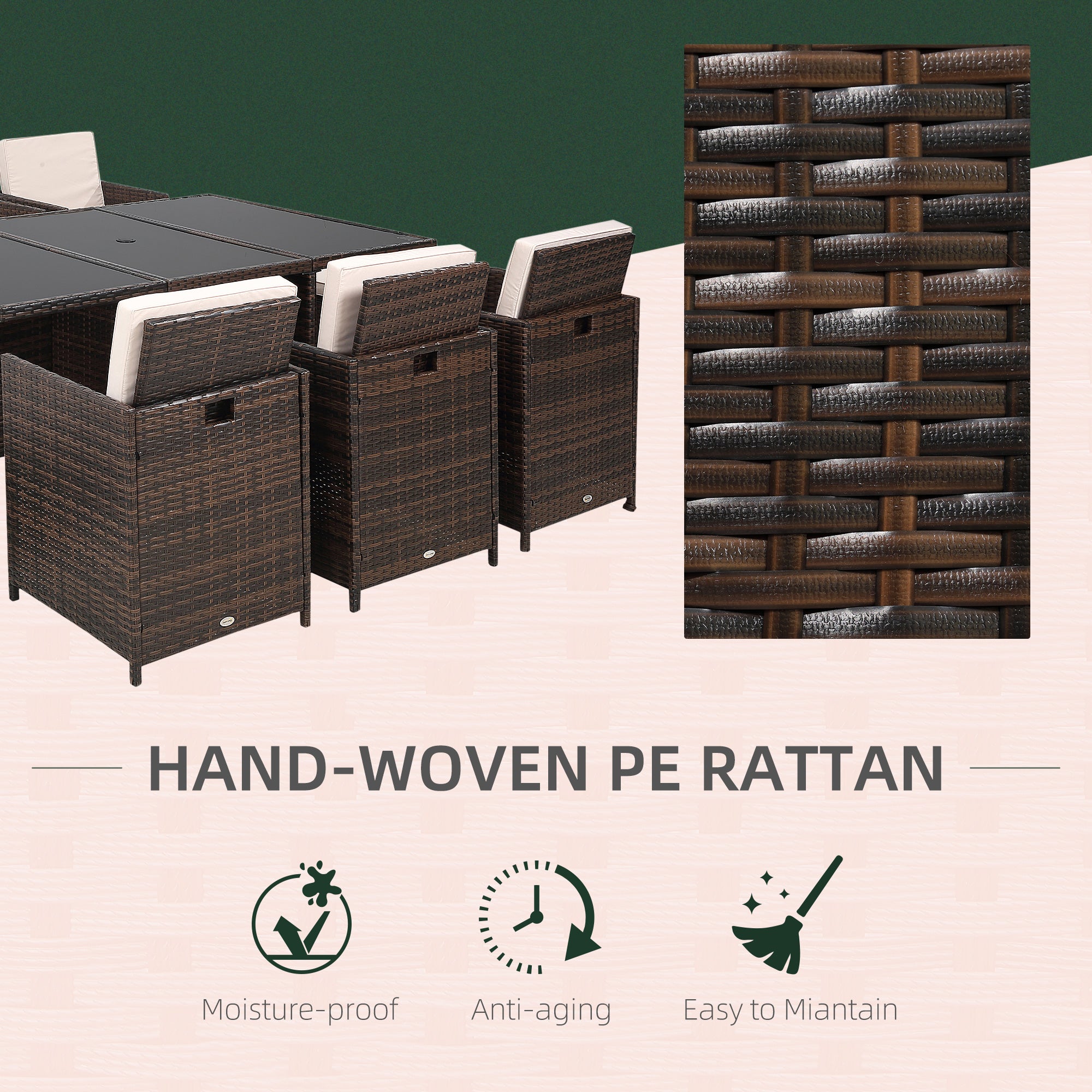 10 Seater Rattan Cube Garden Furniture Set with Parasol Hole, Rattan Dining Set with Cushions, Outdoor Dining Table and Chairs with Rectangular Glass Top Table for Patio, Mixed Brown