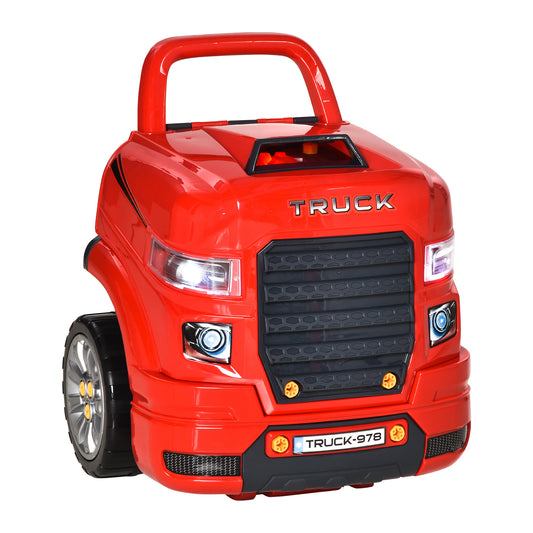 Kids Truck Engine Toy Set, Toddler Educational Car Service Station Playset, Take Apart Workshop, w/ RC Car Key, Steering wheel, Horn, Light, for 3-5 Years Old Red