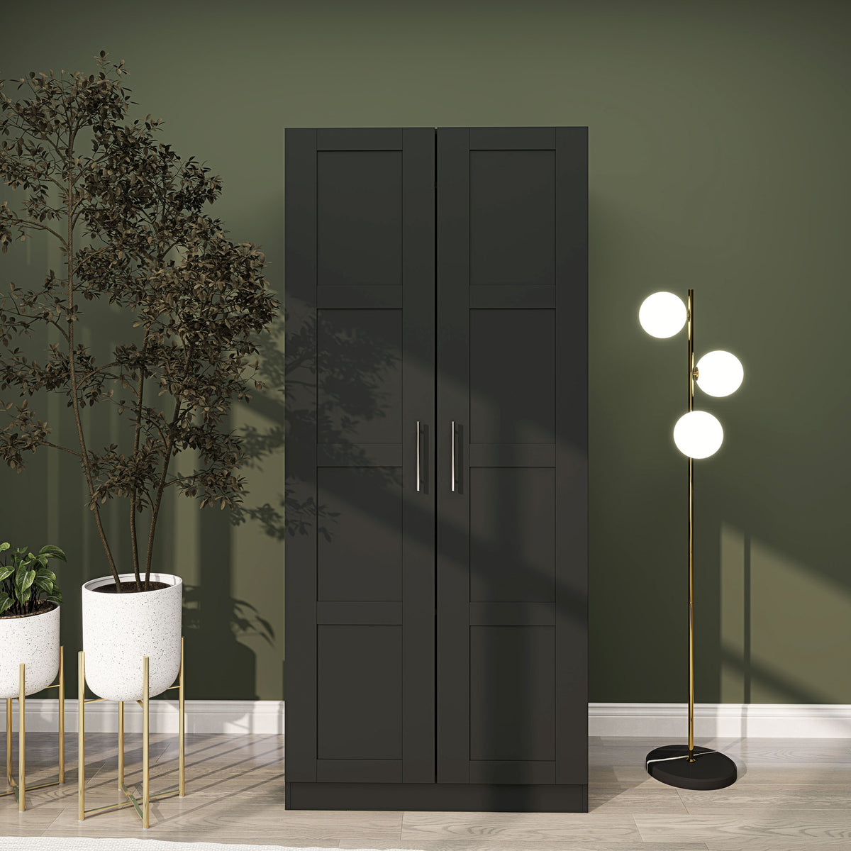 Double Panel Door Wardrobe, with Shelves - Black