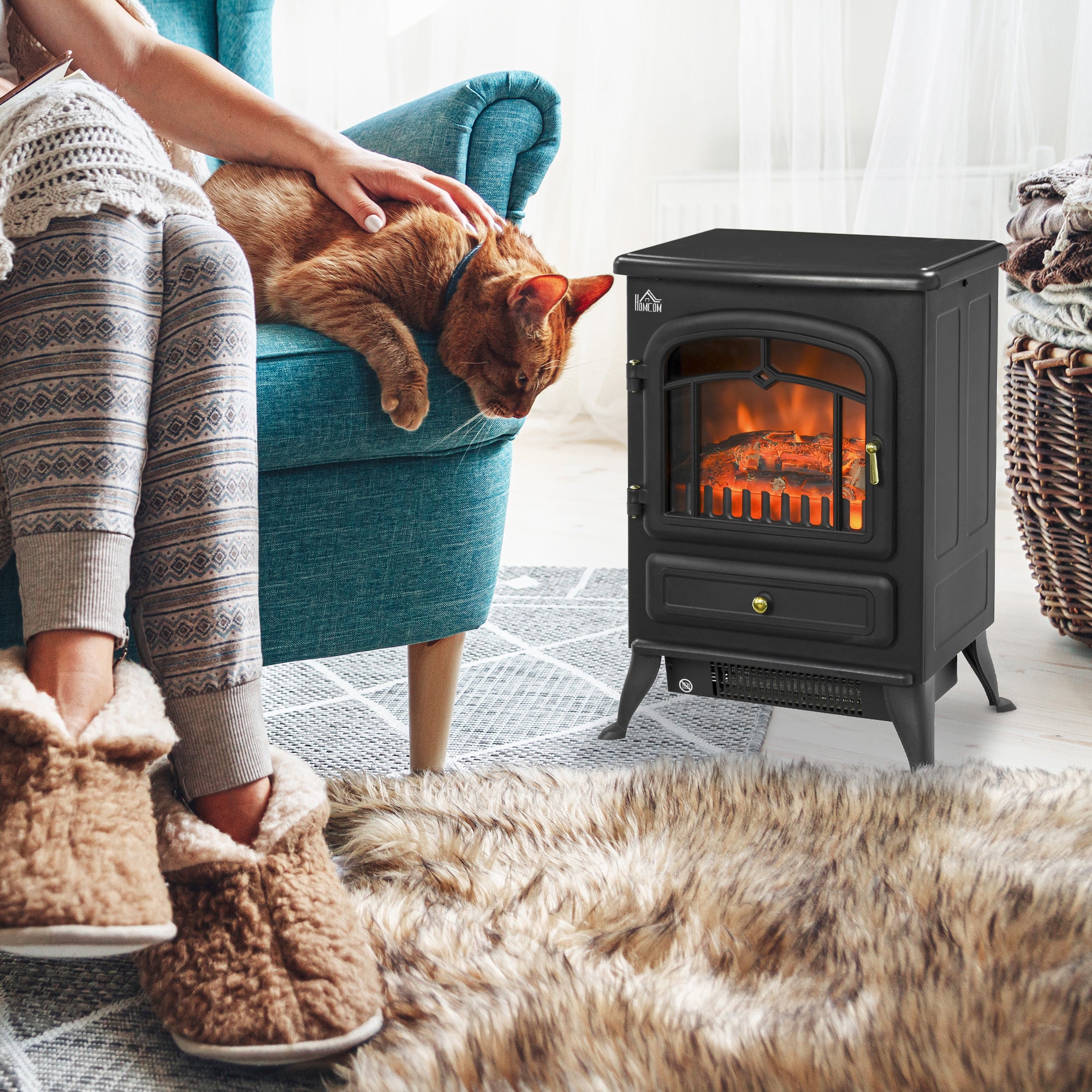 Fynco - Freestanding Electric Fireplace Indoor Heater Glass View Log Wood Burning Effect Flame Portable Fireplace Stove 950/1850W Black