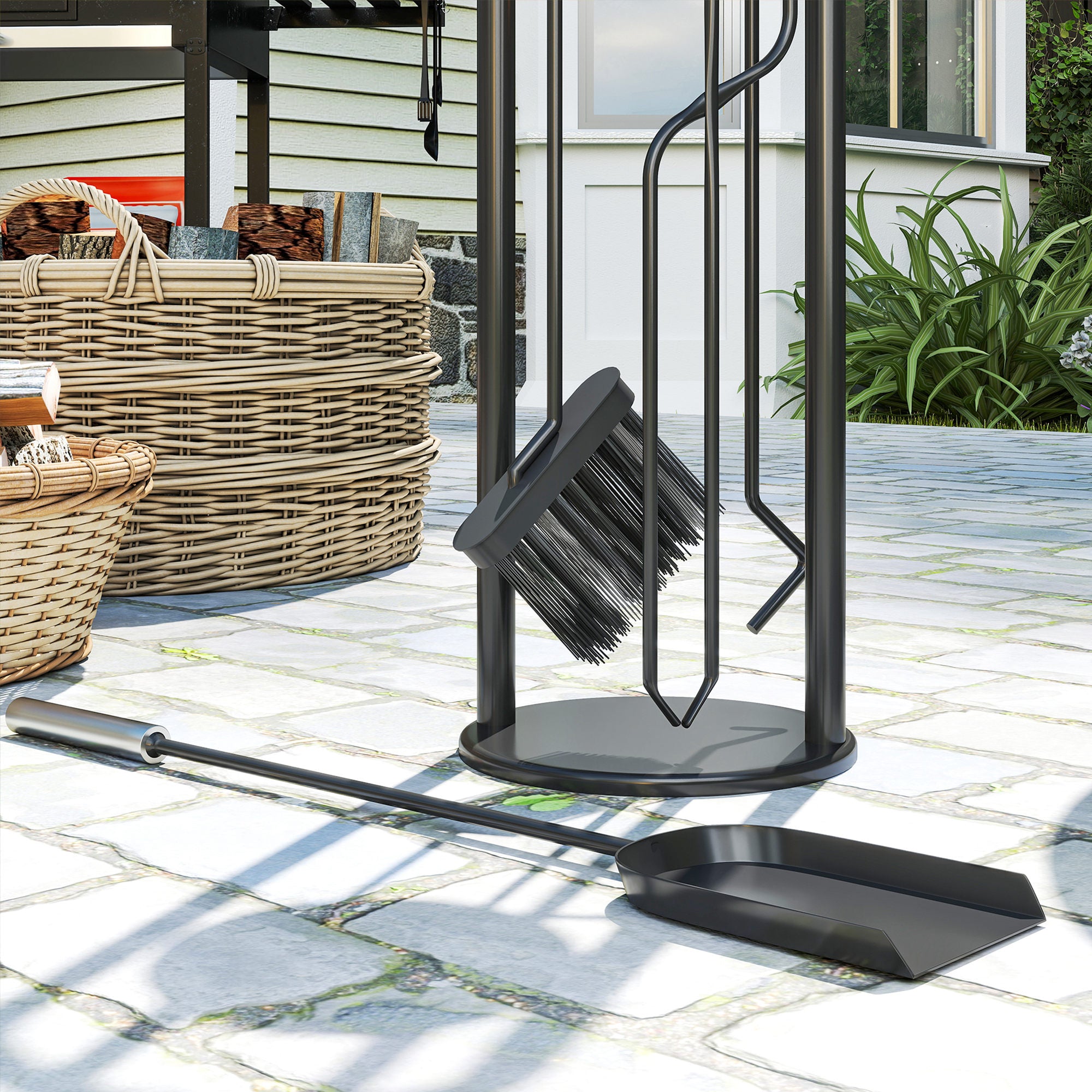 Fynco - 5 Pieces Fireplace Tools Set, Metal Fireplace Accessories Fireside Companion Set with Broom, Shovel, Poker and Bucket, Silver