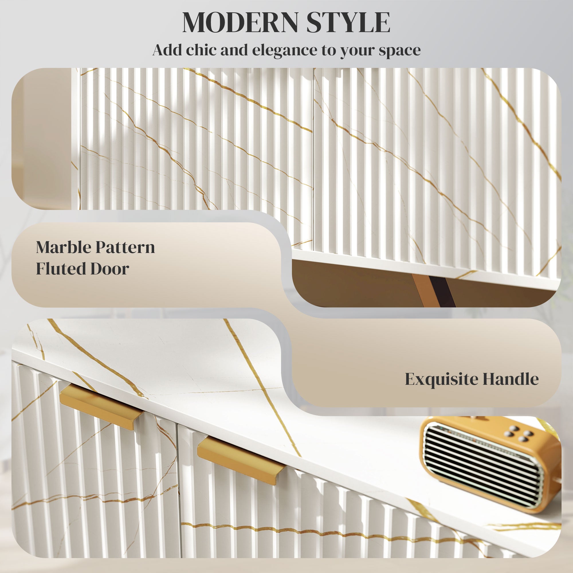 Marble Effect TV Unit, TV Stand Cabinet for up to 70" TVs, Modern TV Cabinet with Shelves and Storage Cupboard, Fluted Door, Extra Centre Leg, Cable Management for Living Room, White