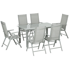7 Piece Garden Dining Set, Outdoor Table and 6 Folding and Reclining Chairs, Aluminium Frame, Tempered Glass Top Table, Texteline Seats, Grey