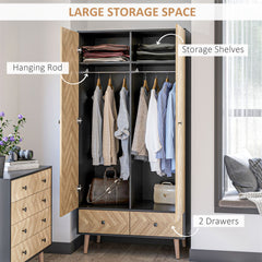 Modern Wardrobe Cabinet Wood Grain Sticker Surface with Shelf, Hanging Rod and 2 Drawers 90x50x190cm