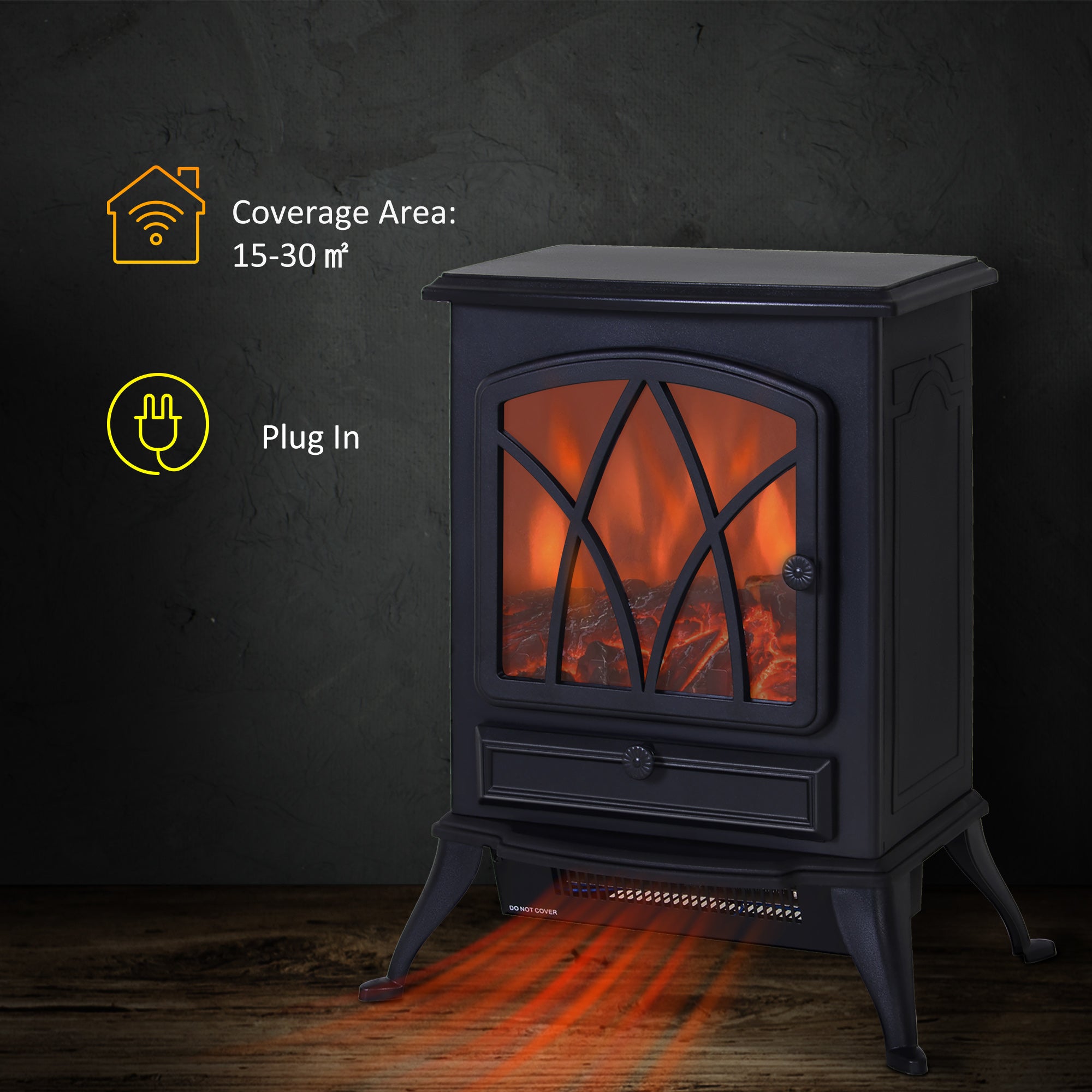 Fynco - Electric Stove Heater with Realistic Flame Effect, 2000W Portable Indoor Freestanding Electric Fireplace with Adjustable Thermostat, Black