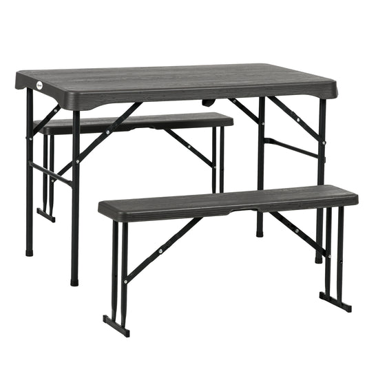 Folding Picnic Table with 2 Benches, 3-Piece Portable Garden Furniture Set for 4, Dining Table Set with Plastic Top, Steel Frame, Dark Grey
