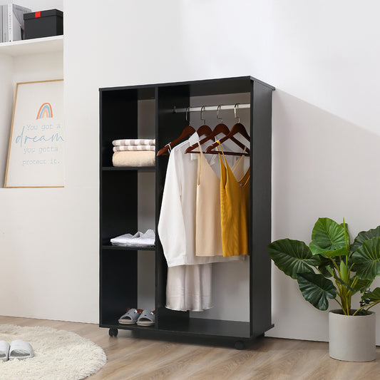 Open Wardrobe on Wheels, Bedroom Wardrobe with Clothes Hanging Rail, 3 Storage Shelves, Mobile Garment Rack for Cloakroom, Hallway, Black