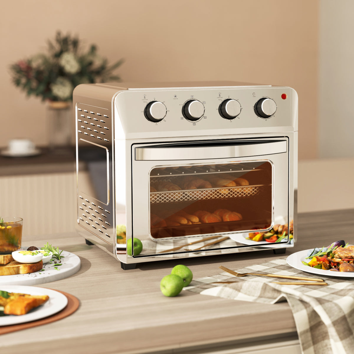 24L Air Fryer Oven, Mini Oven, Oil Free Cooking, Grill, Roast, Bake, with Adjustable Temperature, Timer, Touch Screen, Dishwasher Safe, 1600W, Silver