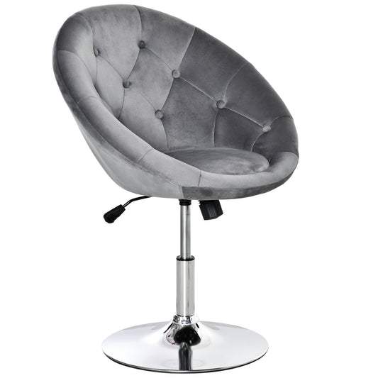 Swivel Dressing Stool, Velvet-feel Upholstered Vanity Chair, Adjustable Height Tub Makeup Chair with Button Tufting and Thick Padding for Bedroom, Grey