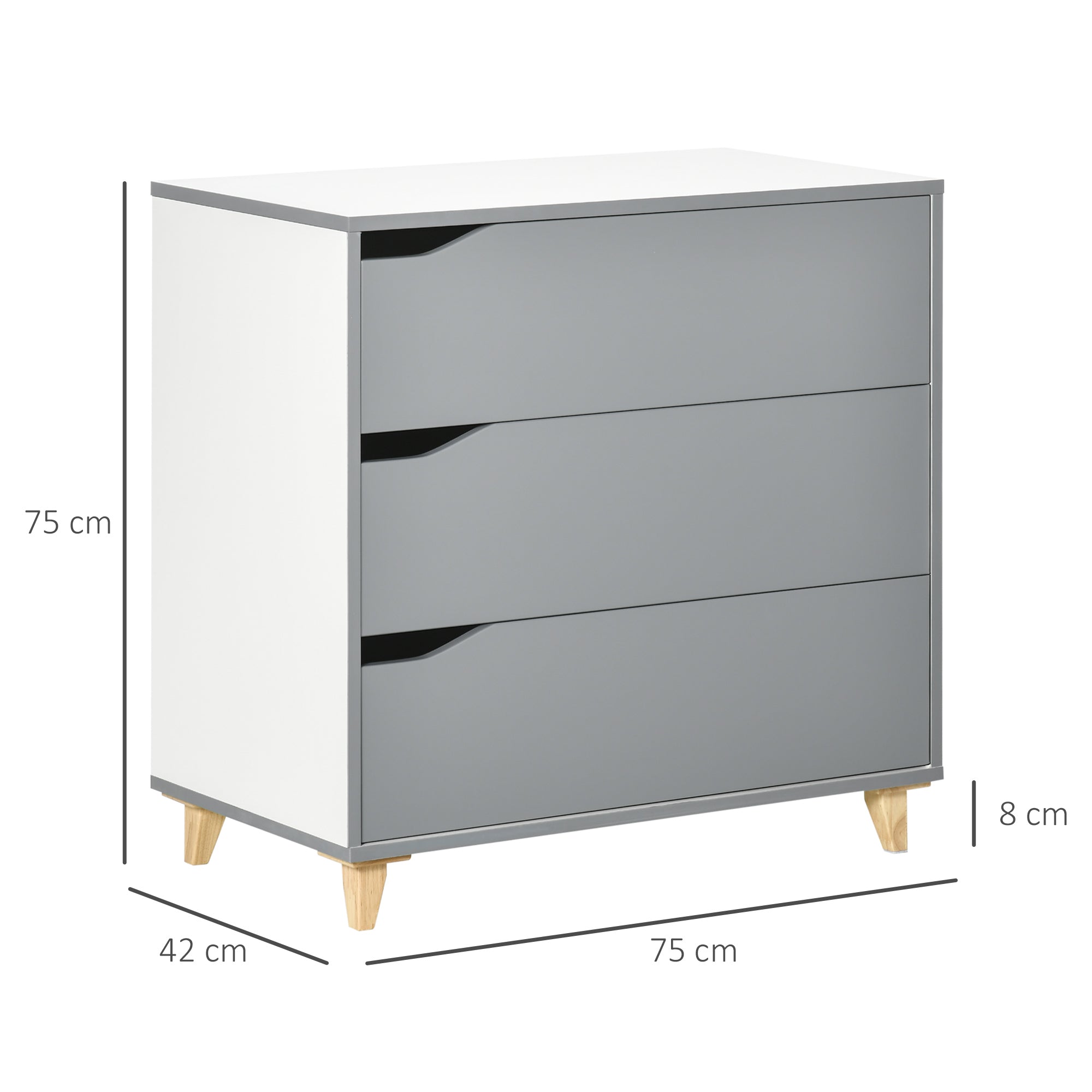 Fynco - Drawer Chest, 3-Drawer Storage Cabinet Unit with Pine Wood Legs for Bedroom, Living Room, 75cmx42cmx75cm, Grey