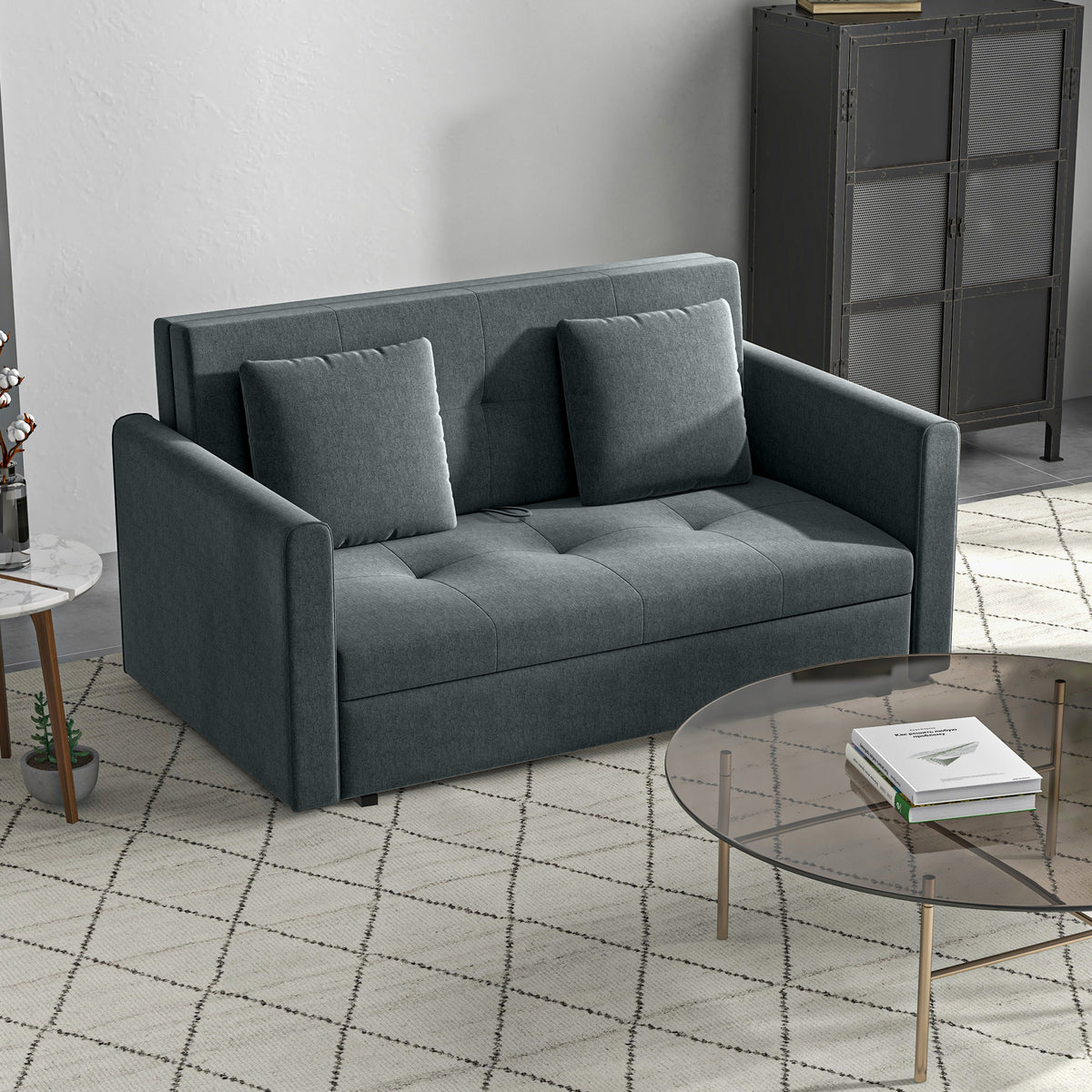 2 Seater Sofa Bed, Convertible Bed Settee, Modern Velvet Loveseat Sofa Couch with 2 Cushions, Hidden Storage for Living Room, Guest Room, Dark Grey