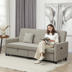 Three-Person Velvet-Feel Sofa Bed - Beige