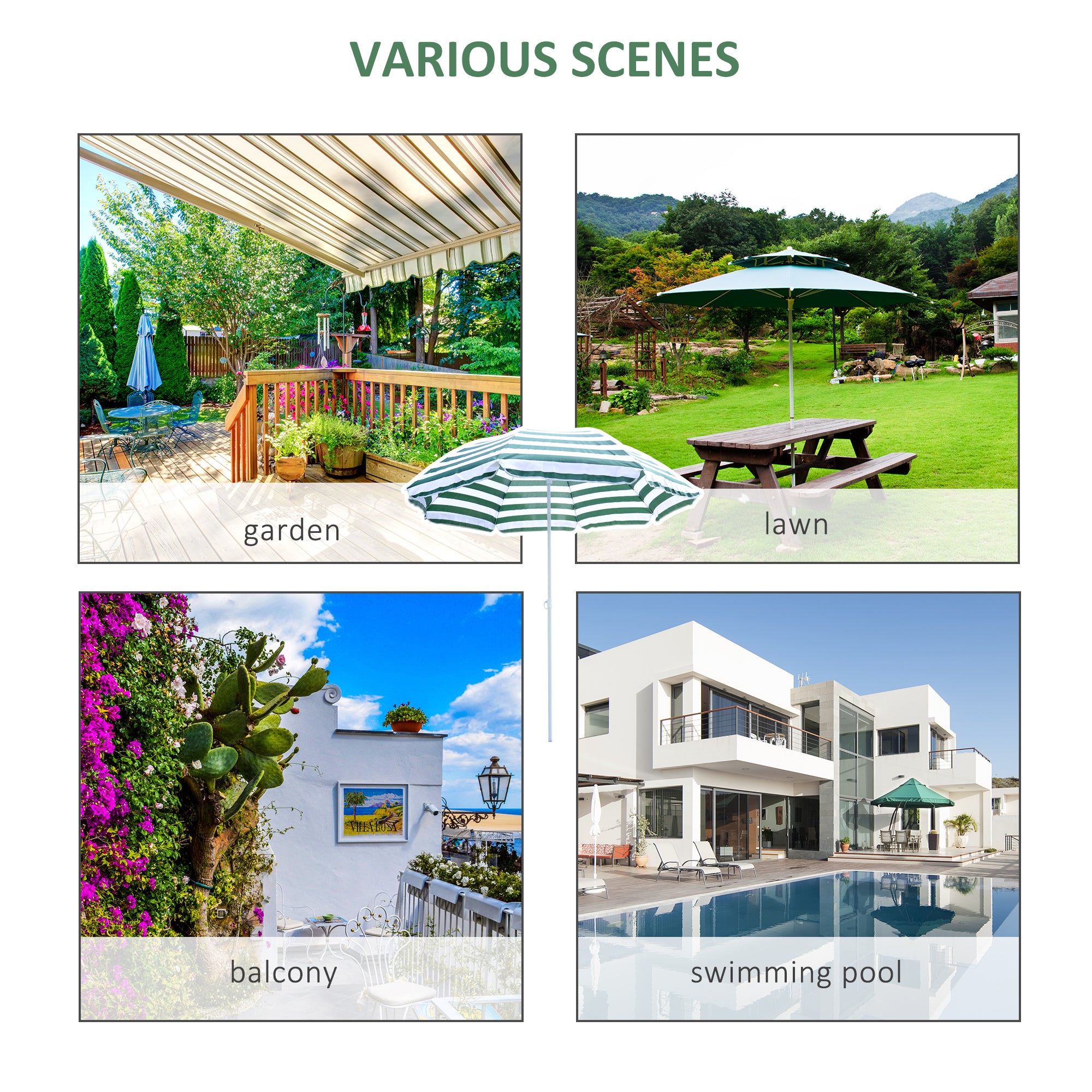 1.8m Beach Parasol Umbrella with Tilt Canopy, Lightweight Patio Garden Sunshade with 8 Ribs, Green & White Stripe