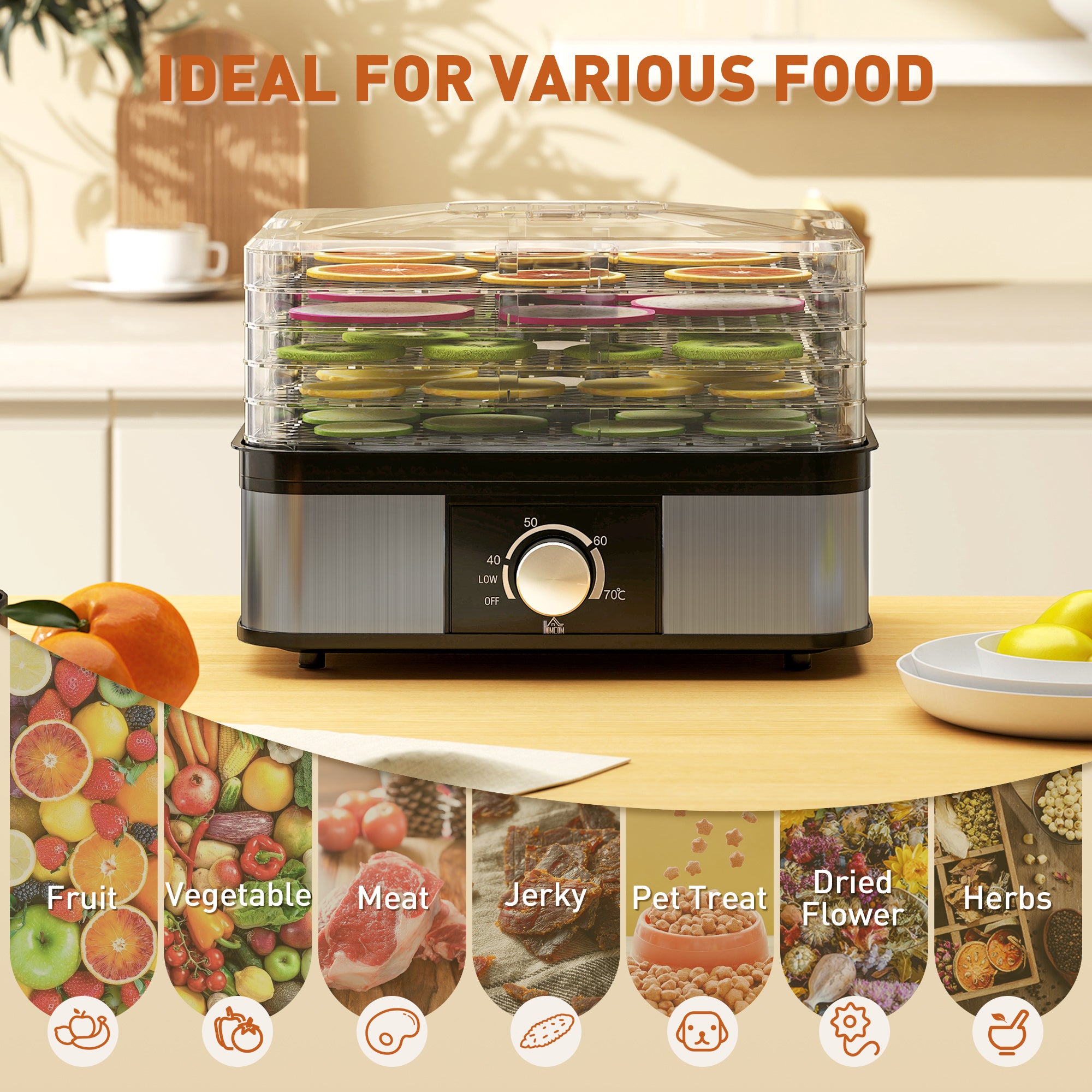 Fynco - 5 Tier Food Dehydrator, 245W Stainless Steel Food Dryer Machine with Adjustable Temperature for Drying Fruit, Meat, Vegetable, Jerky and Pet Treat, Black