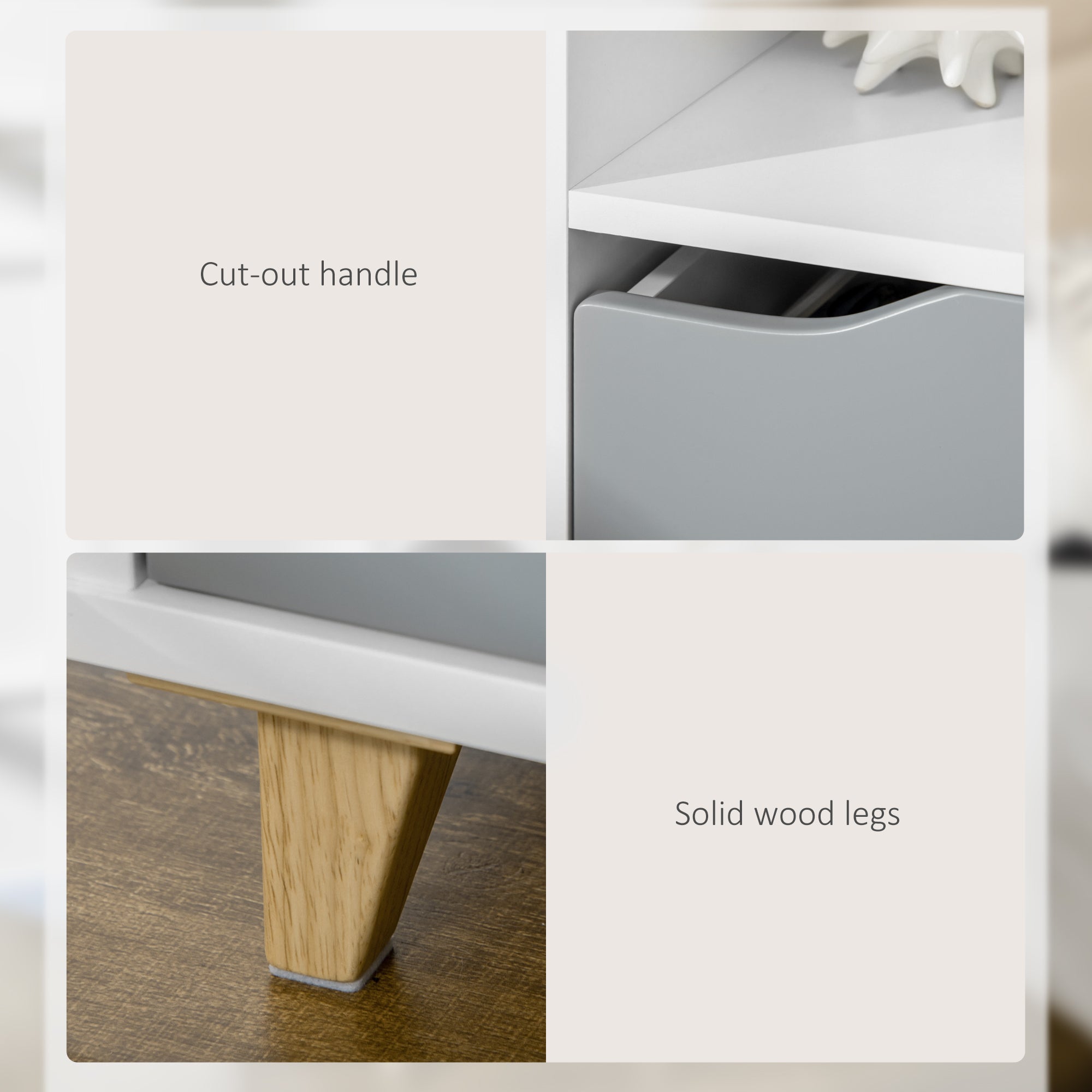 Set of 2 Modern Bedside Tables with Shelves, Drawers and Wood Legs, 36.8cm x 33cm x 43.8cm, White and Grey