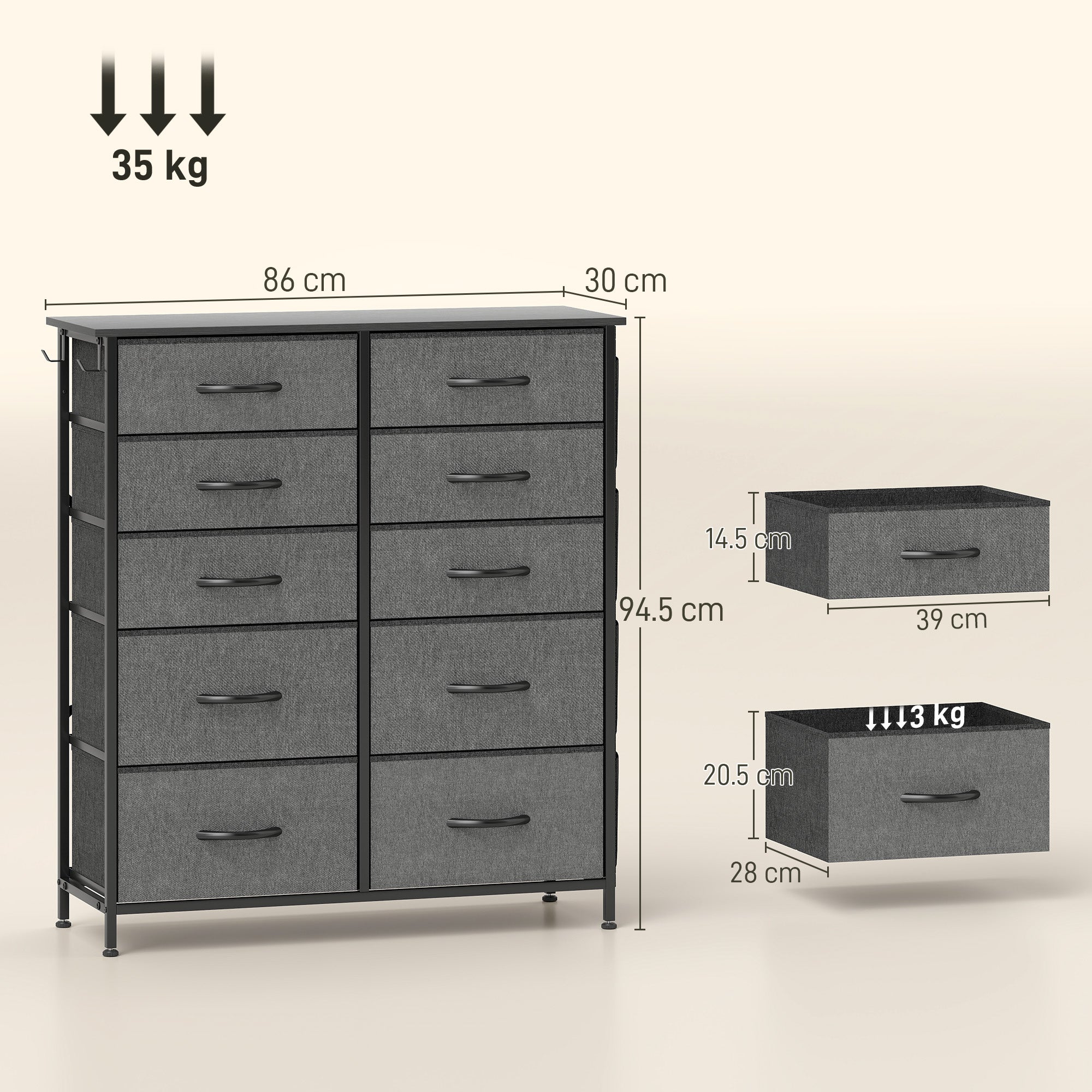 Chest of Ten Fabric Drawers - Charcoal Grey