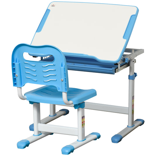 Kids Desk and Chair Set, Height Adjustable Student Writing Desk, Children School Study Table with Tiltable Desktop, Drawer, Pen Slot, Hook - Blue
