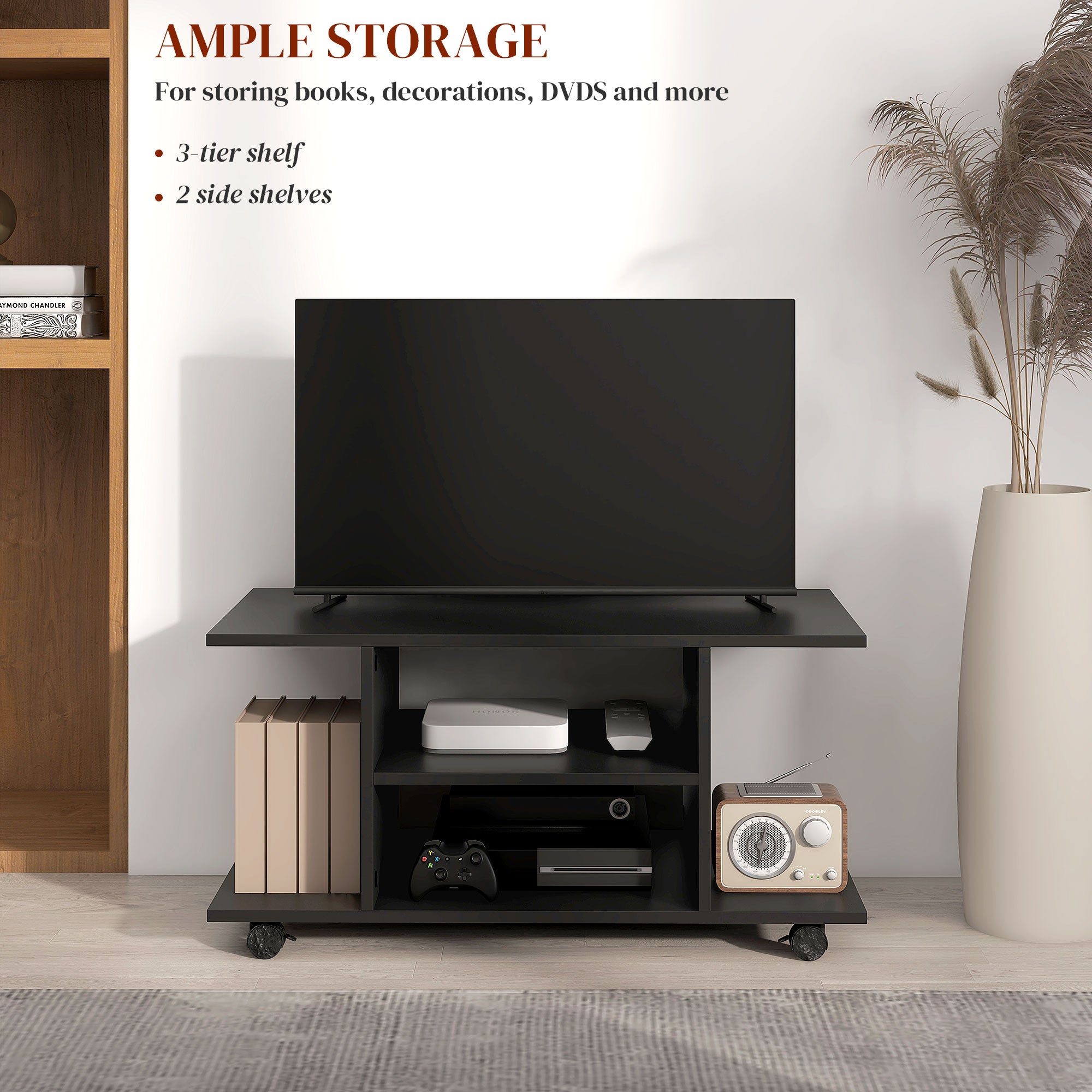 Modern TV Cabinet Stand Storage Shelves Table Mobile Bedroom Furniture Bookshelf Bookcase Black