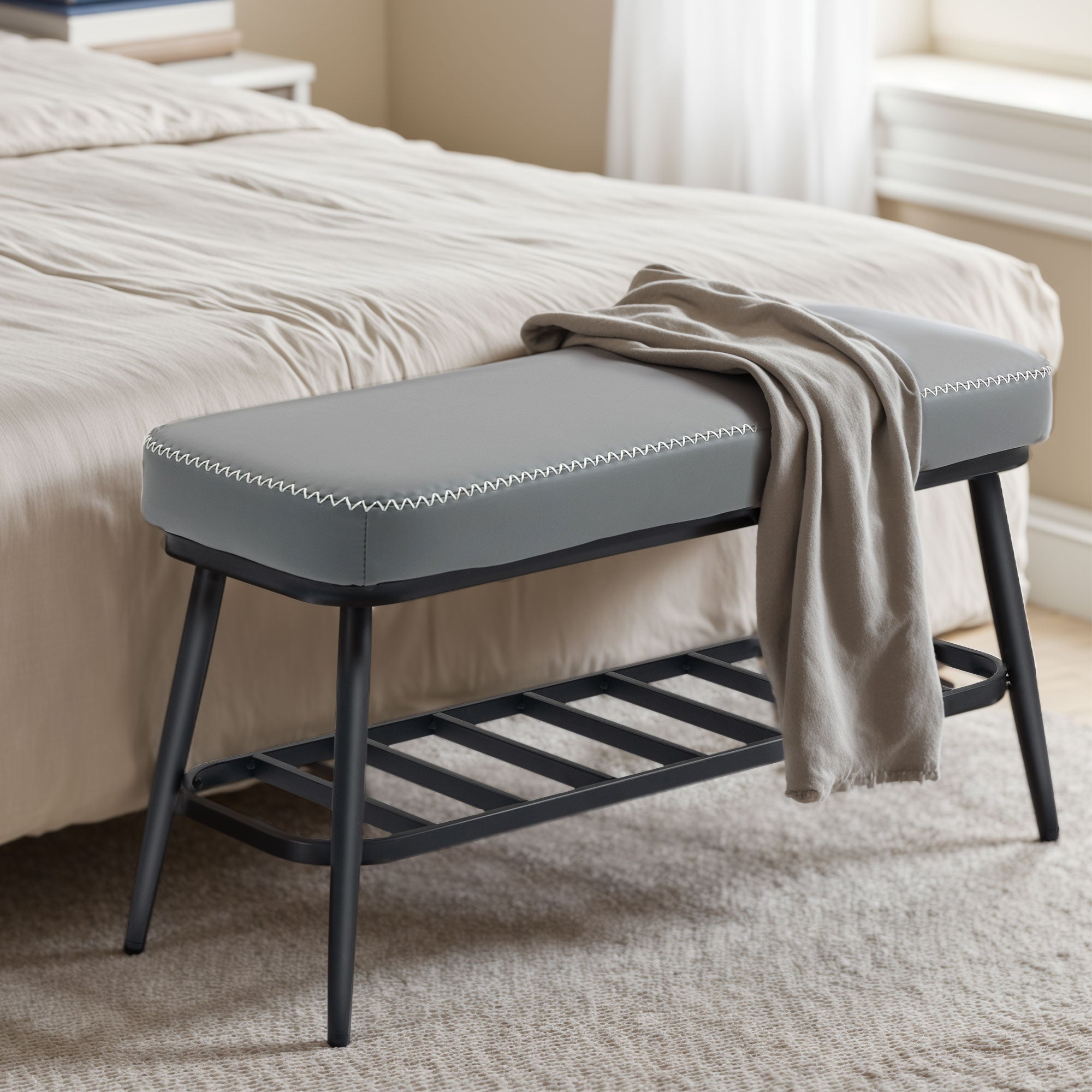 Fynco - PU Leather Shoe Storage Bench - Grey